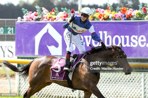 Sam Spratt riding Hasahalo celebrates winning race 8 New Zealand 1000 Guineas during day three of the New Zealand Cup at Riccarton Park Racecourse on...