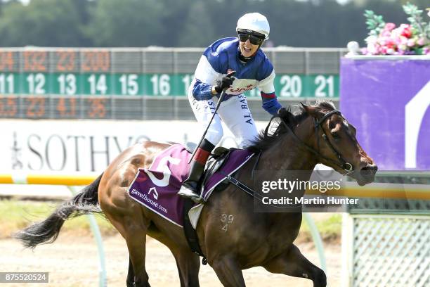 Sam Spratt riding Hasahalo celebrates winning race 8 New Zealand 1000 Guineas during day three of the New Zealand Cup at Riccarton Park Racecourse on...