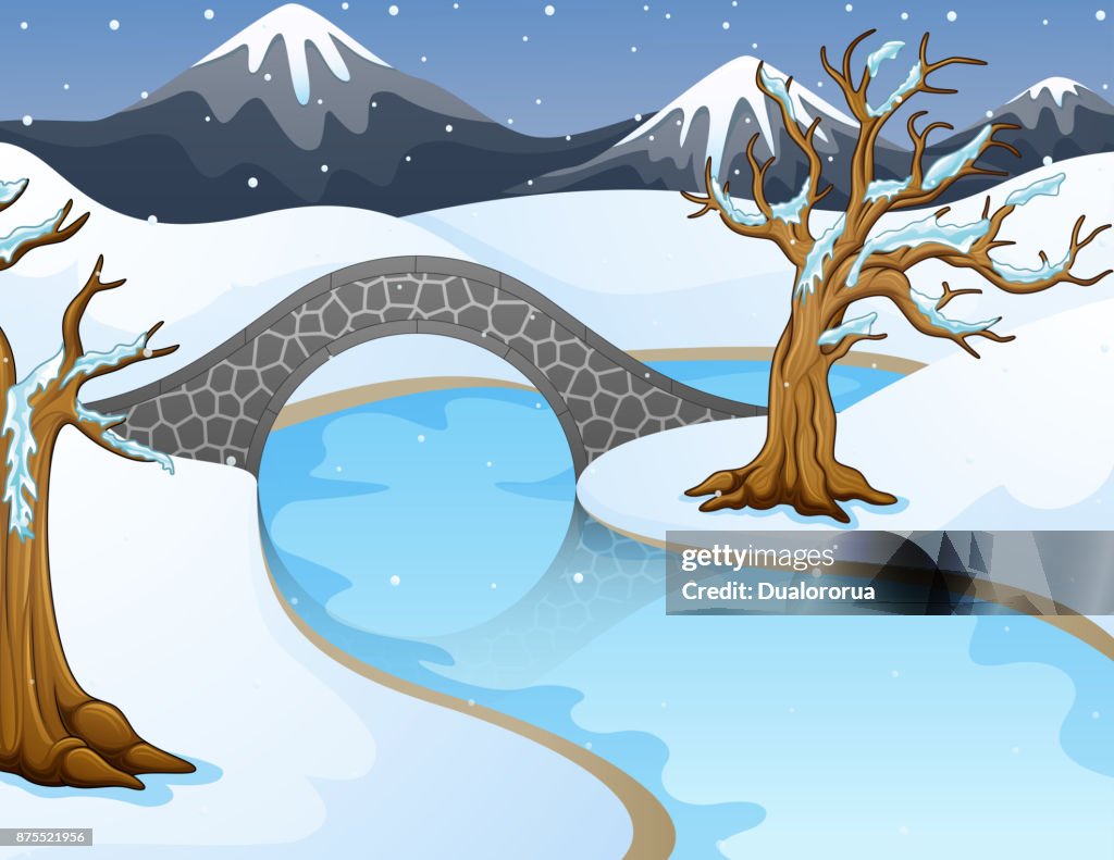 Dibujos Animados De Invierno Paisaje Con Montañas Y El Pequeño Puente De  Piedra Sobre El Río Ilustración de stock - Getty Images