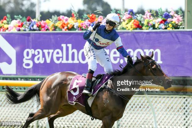 Sam Spratt riding Hasahalo celebrates winning race 8 New Zealand 1000 Guineas during day three of the New Zealand Cup at Riccarton Park Racecourse on...