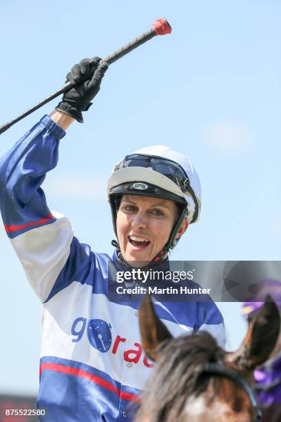 Sam Spratt riding Hasahalo celebrates after winning race 8 New Zealand 1000 Guineas during day three of the New Zealand Cup at Riccarton Park...