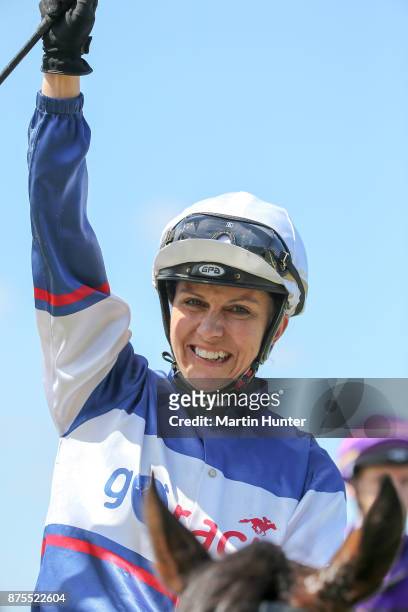 Sam Spratt riding Hasahalo celebrates after winning race 8 New Zealand 1000 Guineas during day three of the New Zealand Cup at Riccarton Park...