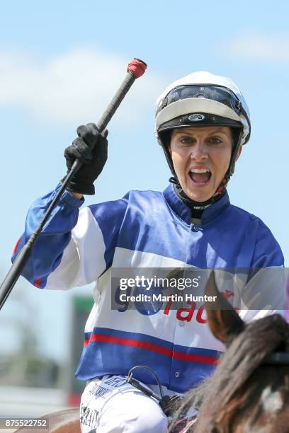 Sam Spratt riding Hasahalo celebrates after winning race 8 New Zealand 1000 Guineas during day three of the New Zealand Cup at Riccarton Park...