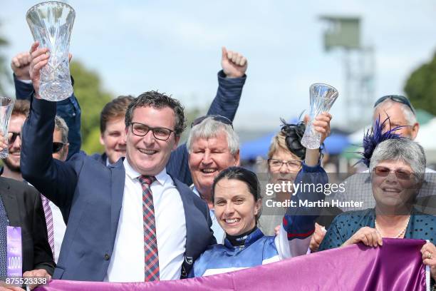 Jockey Sam Spratt with owner Matt Allnutt celebrate after their horse Hasahalo wins race 8 New Zealand 1000 Guineas during day three of the New...