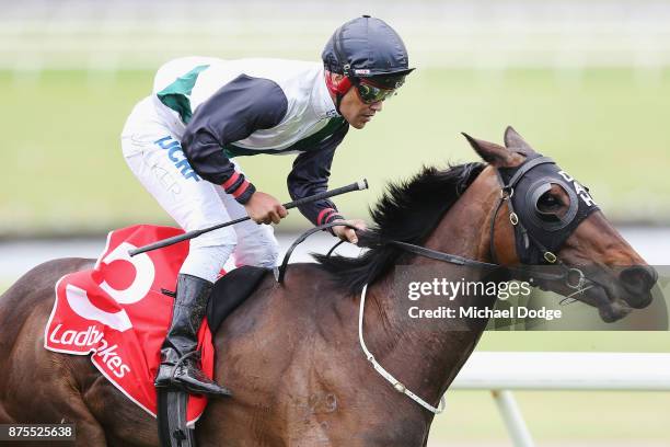 Jockey Michael Walker riding Fanatic wins race 3 the Ladbrokes Sandown Cup during Melbourne Racing at Sandown Lakeside on November 18, 2017 in...