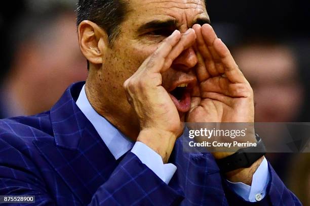 Head coach Jay Wright of the Villanova Wildcats calls to his team against the Lafayette Leopards during the second half at the PPL Center on November...