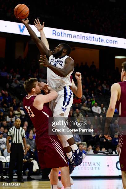 Eric Paschall of the Villanova Wildcats shoots over Matt Klinewski of the Lafayette Leopards during the second half at the PPL Center on November 17,...