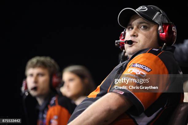 Jason Ratcliff, crew chief for Christopher Bell, driver of the JBL Toyota, watches the race during the NASCAR Camping World Truck Series Championship...