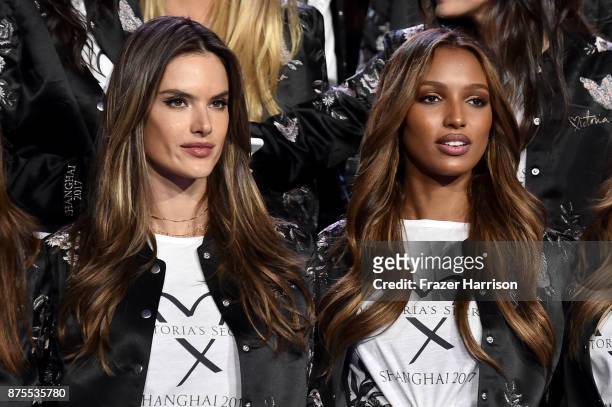 Victoria's Secret models Alessandra Ambrosio and Jasmine Tookes pose during the All Model Appearance At Mercedes-Benz Arena on November 18, 2017 in...