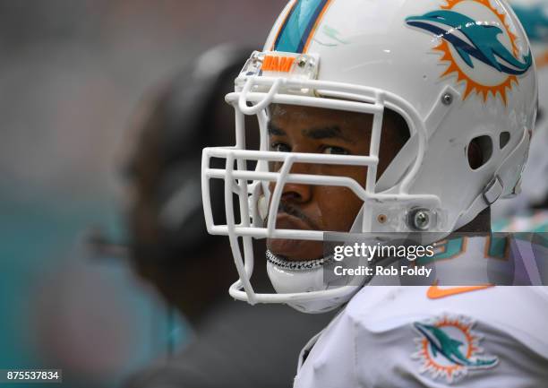 Cameron Wake of the Miami Dolphins looks on during the game against the New York Jets at Hard Rock Stadium on October 22, 2017 in Miami Gardens,...