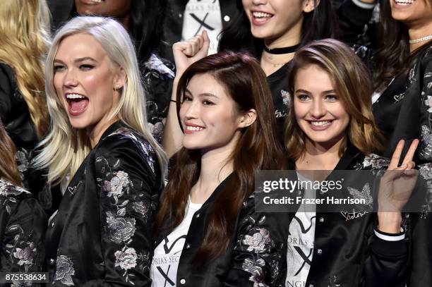 Victoria's Secret models Karlie Kloss, Sui He and Sanne Vloet pose during the All Model Appearance At Mercedes-Benz Arena on November 18, 2017 in...