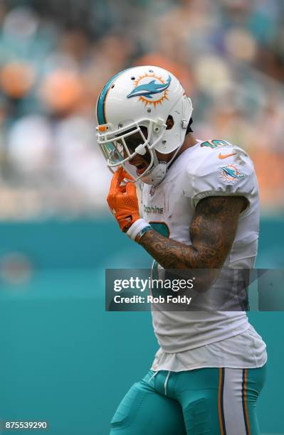 Kenny Stills of the Miami Dolphins looks on during the game against the New York Jets at Hard Rock Stadium on October 22, 2017 in Miami Gardens,...