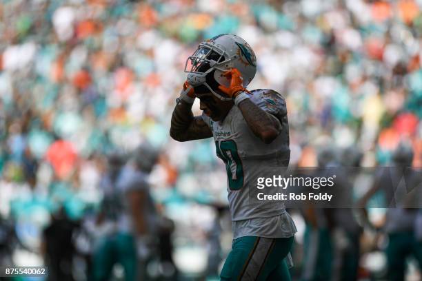 Kenny Stills of the Miami Dolphins looks on during the game against the New York Jets at Hard Rock Stadium on October 22, 2017 in Miami Gardens,...