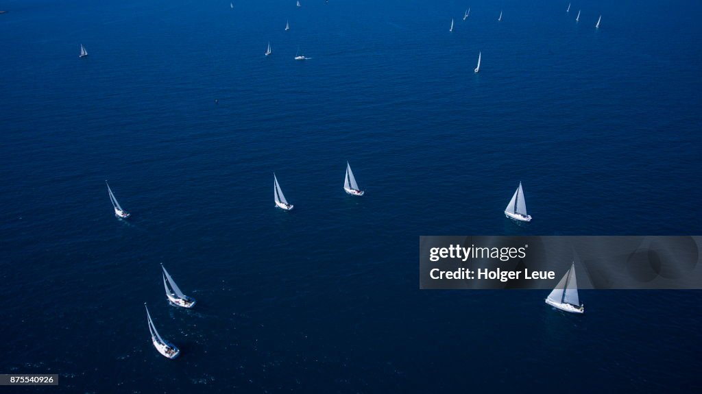 Aerial of sailboats during regatta in Adriatic Sea, near Trogir, Split-Dalmatia, Croatia