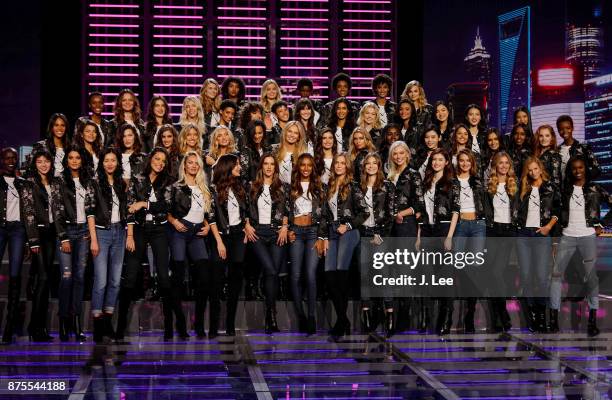 Victoria's Secret models pose during the 2017 Victoria's Secret Fashion Show Model Group Appearance in the Mercedes Benz Arena on November 18, 2017...