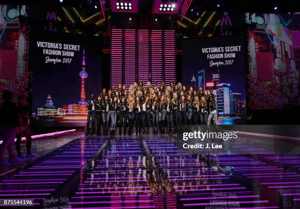 Victoria's Secret models pose during the 2017 Victoria's Secret Fashion Show Model Group Appearance in the Mercedes Benz Arena on November 18, 2017...