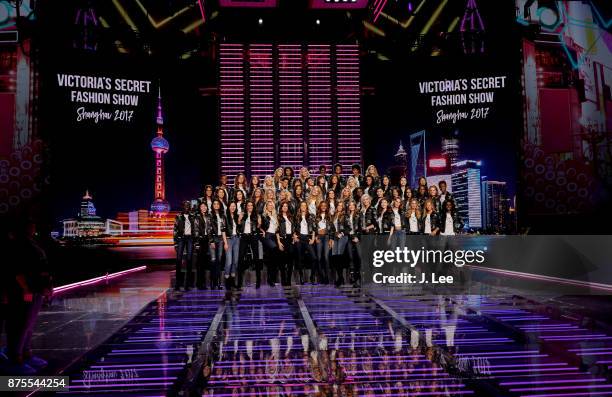 Victoria's Secret models pose during the 2017 Victoria's Secret Fashion Show Model Group Appearance in the Mercedes Benz Arena on November 18, 2017...