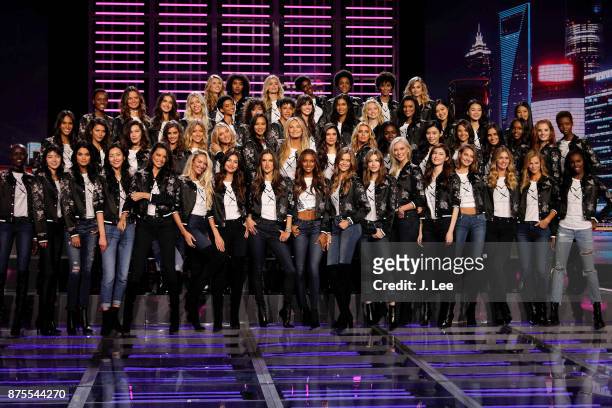 Victoria's Secret models pose during the 2017 Victoria's Secret Fashion Show Model Group Appearance in the Mercedes Benz Arena on November 18, 2017...