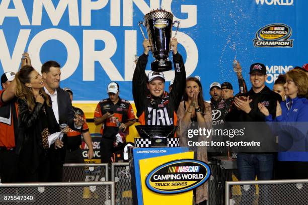 Christopher Bell, driver of the JBL Toyota celebrates winning the Camping World Truck Series Championship at the Ford EcoBoost 200 at Homestead-Miami...