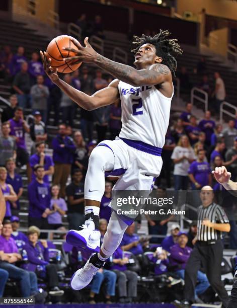 Guard Cartier Diarra of the Kansas State Wildcats drives to the basket for a lay up against the California-Irvine Anteaters during the second half on...