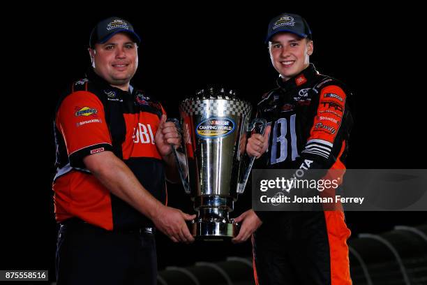 Crew chief crew chief Ryan Fugle and Christopher Bell, driver of the JBL Toyota, poses with the trophy after winning the Camping World Truck Series...