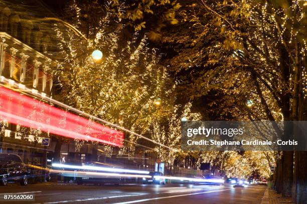 View of Christmas Lights at Montaigne Avenue in Paris on November 17, 2017 in Paris, France.