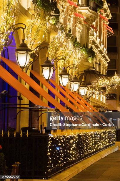 View of the Plaza Athenee Hotel and the Christmas Lights at Montaigne Avenue in Paris on November 17, 2017 in Paris, France.