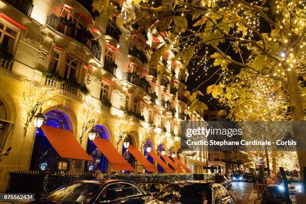 View of the Plaza Athenee Hotel and the Christmas Lights at Montaigne Avenue in Paris on November 17, 2017 in Paris, France.