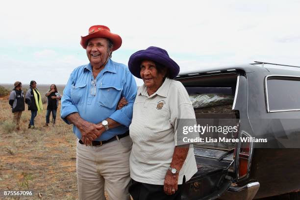 Ngiyampaa Elders Roy Kennedy and Beryl Kennedy delighted at the return of Mungo Man and ancestors on November 17, 2017 in Mungo National Park,...