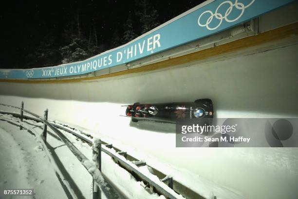 Justin Kripps, Lascelles Brown, Ben Coakwell and Neville Wright of Canada compete in the 4-Man Bobsled during the BMW IBSF Bobsleigh and Skeleton...