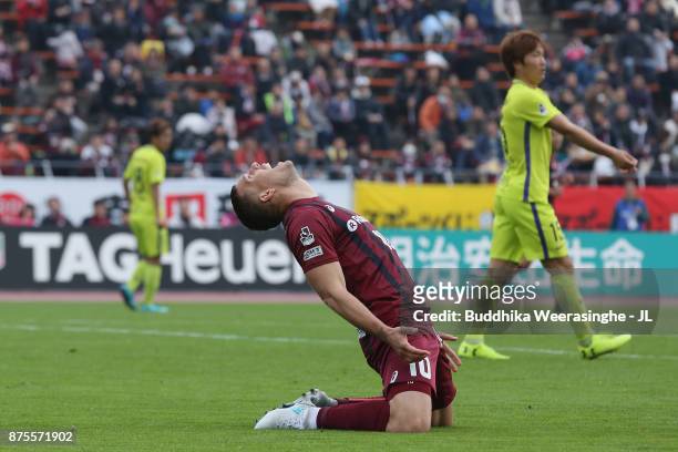 Lukas Podolski of Vissel Kobe reacts after missing a chance during the J.League J1 match between Vissel Kobe and Sanfrecce Hiroshima at Kobe...