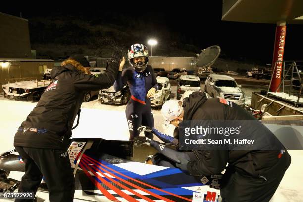 Pilot Jamie Greubel Poser and Lauren Gibbs of the USA react to winning the Women's Bobsled during the BMW IBSF Bobsleigh and Skeleton World Cup at...