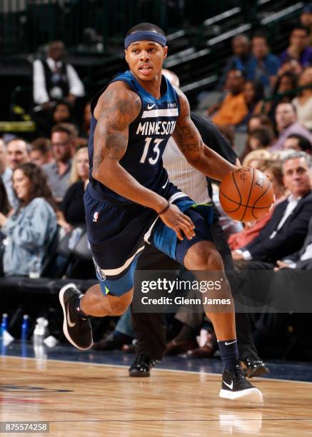 Marcus Georges-Hunt of the Minnesota Timberwolves handles the ball against the Dallas Mavericks on November 17, 2017 at the American Airlines Center...
