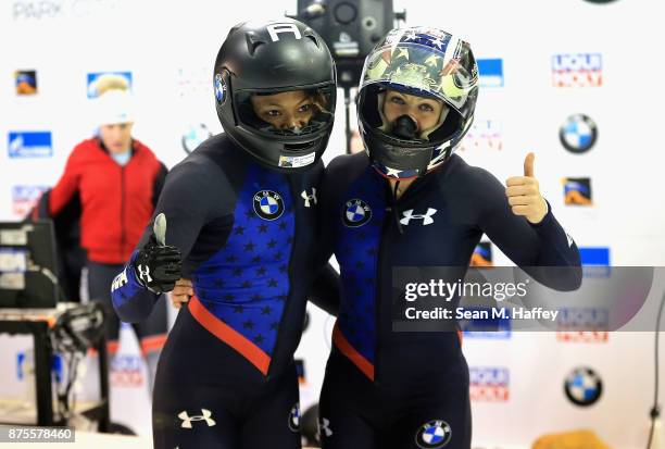 Pilot Jamie Greubel Poser and Lauren Gibbs of the USA react to winning the Women's Bobsled during the BMW IBSF Bobsleigh and Skeleton World Cup at...