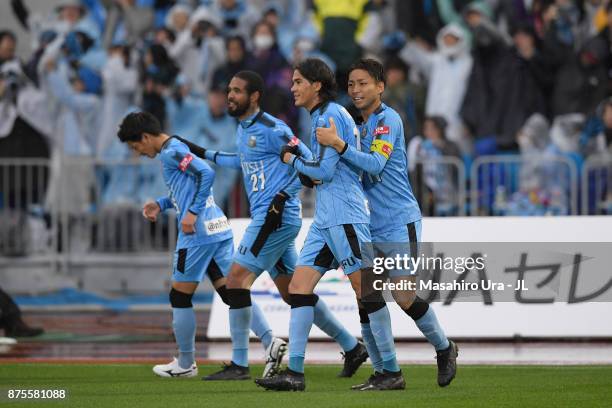 Elsinho of Kawasaki Frontale celebrates scoring the opening goal with his teammates during the J.League J1 match between Kawasaki Frontale and Gamba...