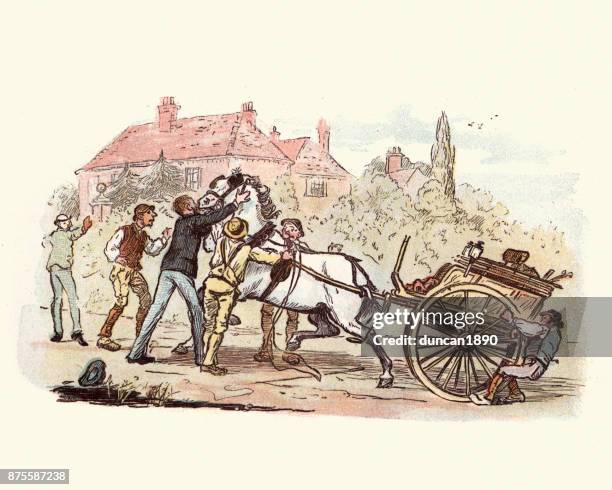 victorian men struggling to control a horse and cart - runaway vehicle stock illustrations