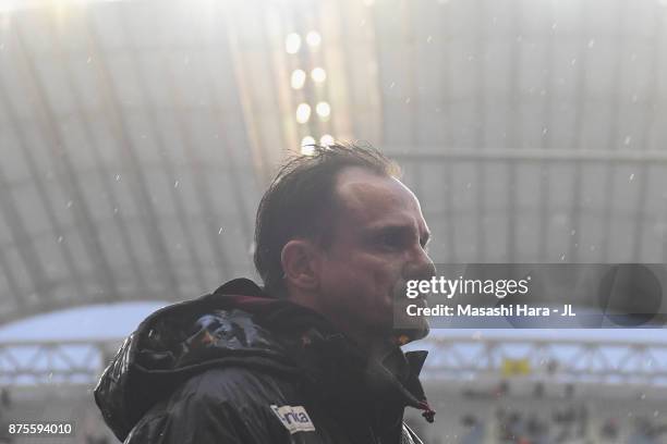 Head coach Wagner Lopes of Albirex Niigata shows dejection after his team's relegation to the J2 despite their 1-0 victory in the J.League J1 match...