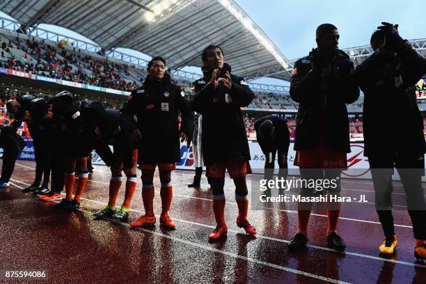 Albirex Niigata players show dejection after their relegation to the J2 despite their 1-0 victory in the J.League J1 match between Albirex Niigata...
