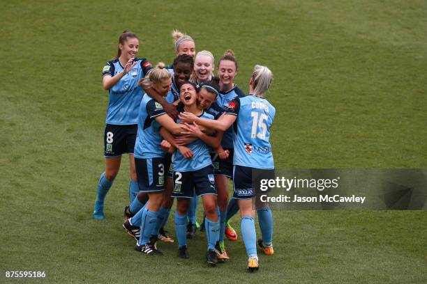 Teresa Polias of Sydney celebrates scoring a goal during the round four W-League match between Sydney and Melbourne City at Allianz Stadium on...