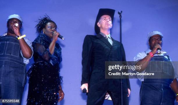 Neil Tennant of the Pet Shop Boys performs on stage at Glastonbury Festival, 24th June 2000.