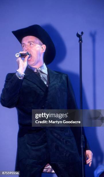 Neil Tennant of the Pet Shop Boys performs on stage at Glastonbury Festival, 24th June 2000 .