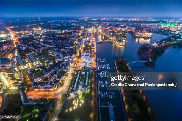 aerial view of düsseldorf city, germany - glow düsseldorf stock-fotos und bilder