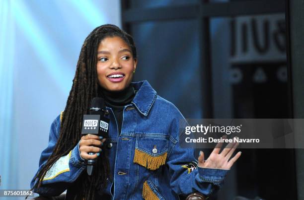 Halle Bailey of R&B duo Chloe x Halle visit Build to discuss 'Grown-ish' at Build Studio on November 17, 2017 in New York City.