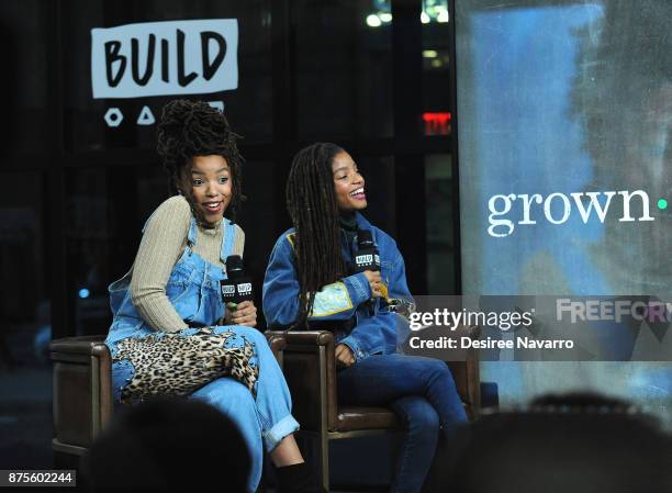 Chloe Bailey and Halle Bailey of R&B duo Chloe x Halle visit Build to discuss 'Grown-ish' at Build Studio on November 17, 2017 in New York City.