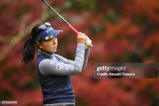 Serena Aoki of Japan hits her tee shot on the 2nd hole during the third round of the Daio Paper Elleair Ladies Open 2017 at the Elleair Golf Club on...