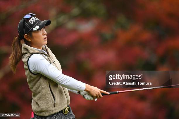 Asako Fujimoto of Japan hits her tee shot on the 2nd hole during the third round of the Daio Paper Elleair Ladies Open 2017 at the Elleair Golf Club...