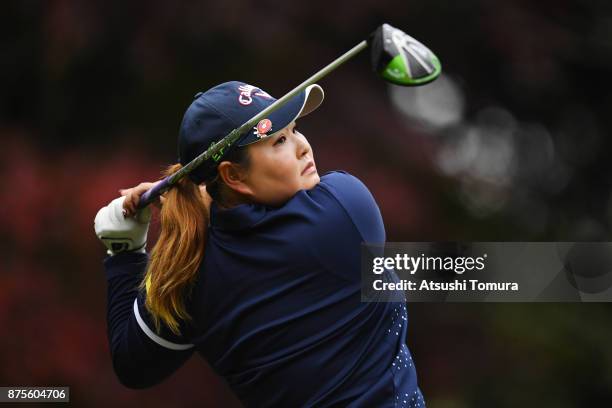 Maaya Suzuki of Japan hits her tee shot on the 2nd hole during the third round of the Daio Paper Elleair Ladies Open 2017 at the Elleair Golf Club on...