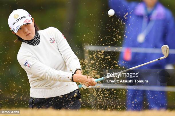 Karen Gondo of Japan hits from a bunker on the 1st hole during the third round of the Daio Paper Elleair Ladies Open 2017 at the Elleair Golf Club on...