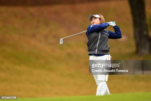 Hiroko Azuma of Japan hits her second shot on the 2nd hole during the third round of the Daio Paper Elleair Ladies Open 2017 at the Elleair Golf Club...
