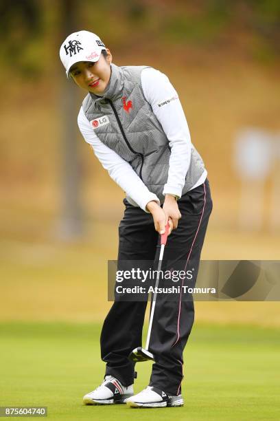 Bo-Mee Lee of South Korea putts on the 1st hole during the third round of the Daio Paper Elleair Ladies Open 2017 at the Elleair Golf Club on...